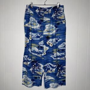 Hilo Hattie Women’s Hawaiian Floral Crop Pants Wide Leg Blue Resort Wear L NWOT
